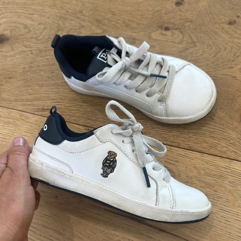 POLO Ralph Lauren Kids White & Navy Casual Sneakers with Bear Patch 12